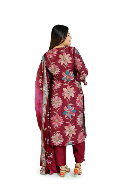 Dark red printed kurta and pant with matching dupatta