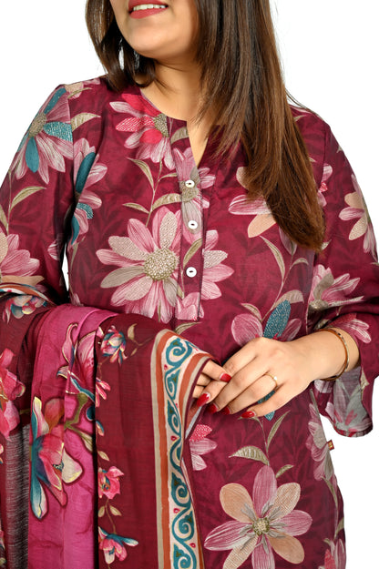 Dark red printed kurta and pant with matching dupatta