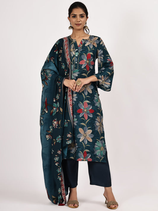 Dark Teal Floral Printed Kurta Set with Pants & Dupatta