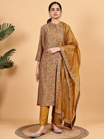 Mustard Printed Kurta Set with Dupatta