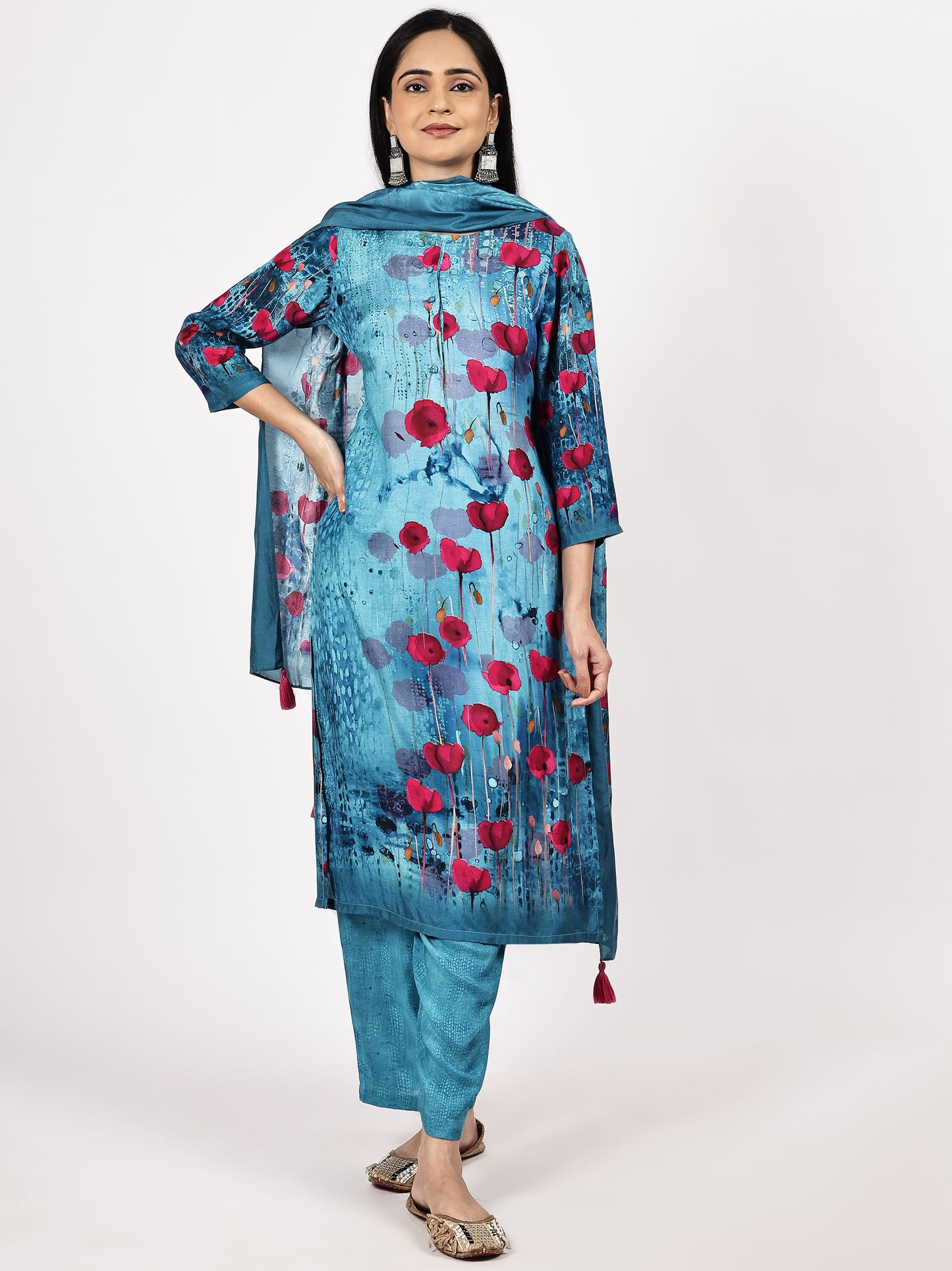 Turquoise Floral Printed Kurta Set with Dupatta