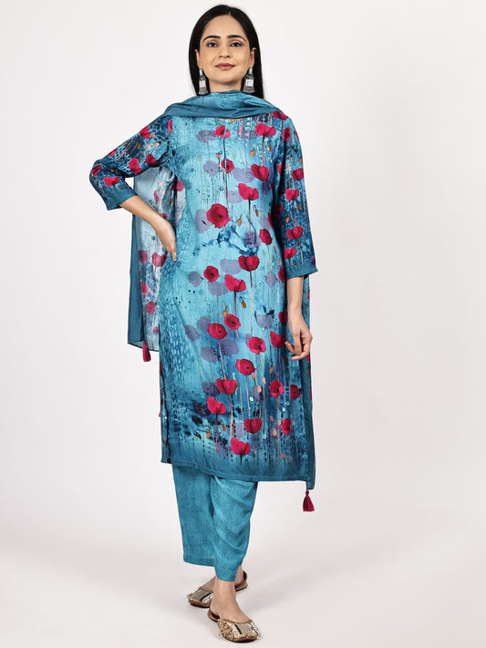 Turquoise Floral Printed Kurta Set with Dupatta