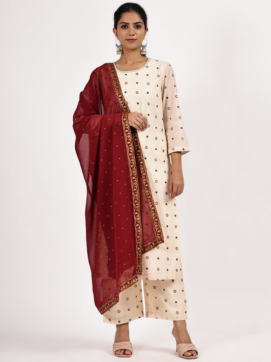 Printed Off-white Kurta Set with Maroon Dupatta