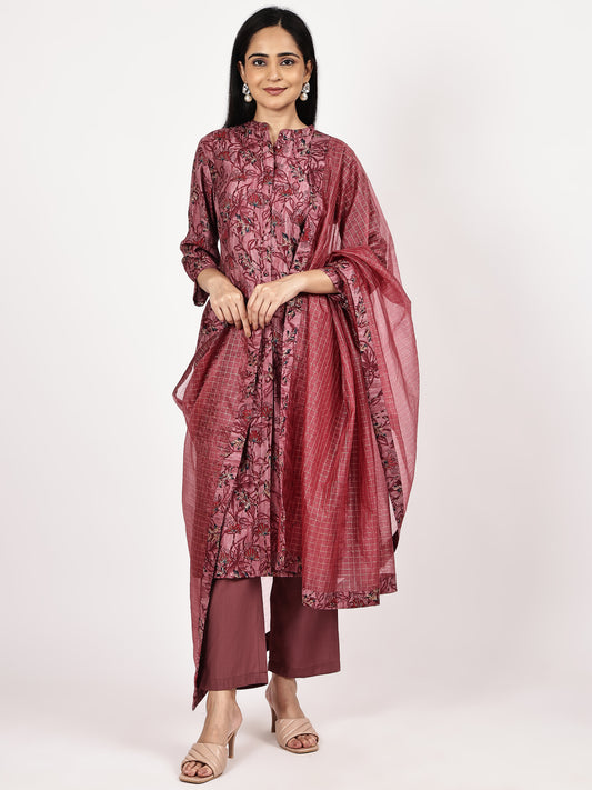 Maroon Printed Kurta Set with Chiffon Dupatta