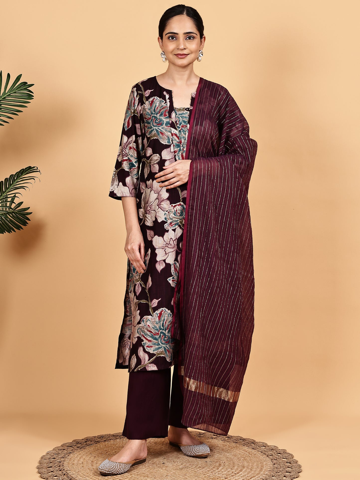 Maroon Floral Printed Kurta Set with Dupatta