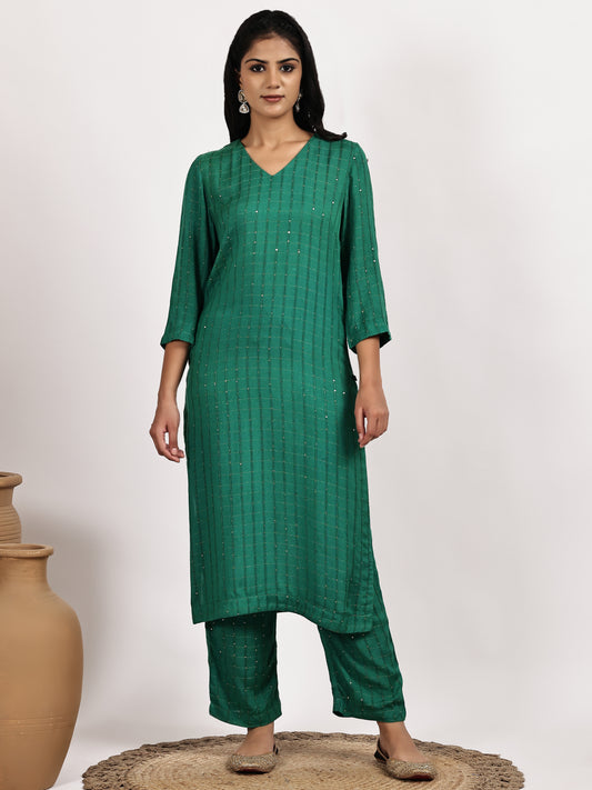 Emerald Green Self-Patterned Kurta with pant