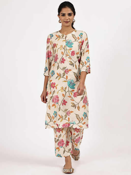 Cream Floral Printed Kurta Set