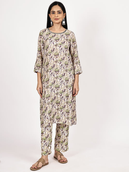 Grey Floral print Kurta with pant