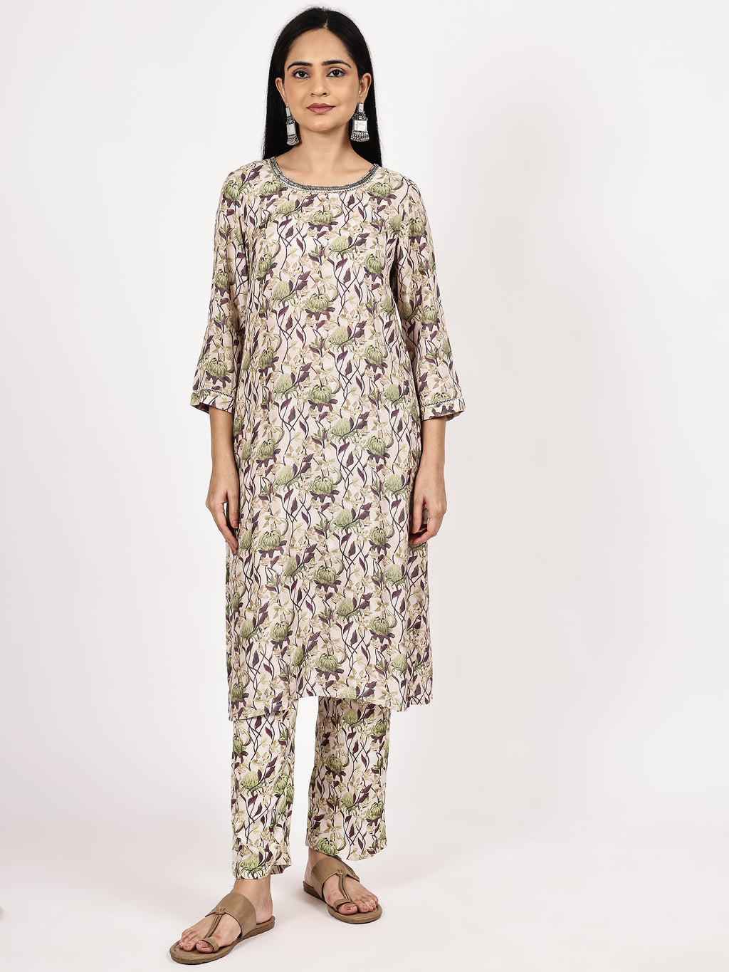 Grey Floral print Kurta with pant