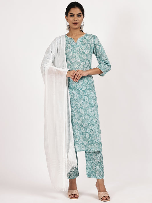Aqua blue printed kurta set with White dupatta