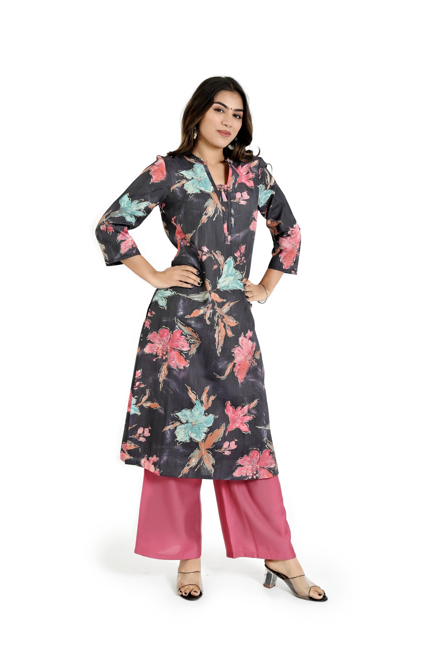 Gray-color printed kurta with straight pants
