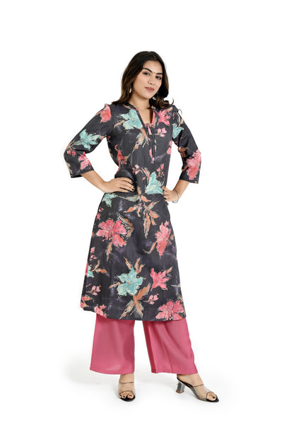 Gray-color printed kurta with straight pants