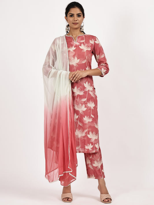 Pink Floral printed kurta set with Ombre dupatta