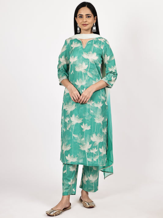 Sea Green Printed Kurta Set with Dupatta