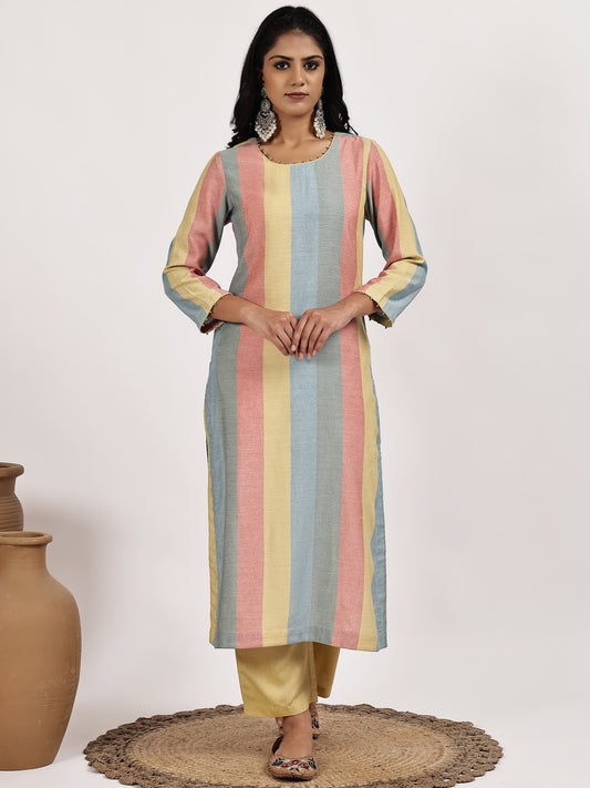 Pastel Stripped Kurta with Solid Pants