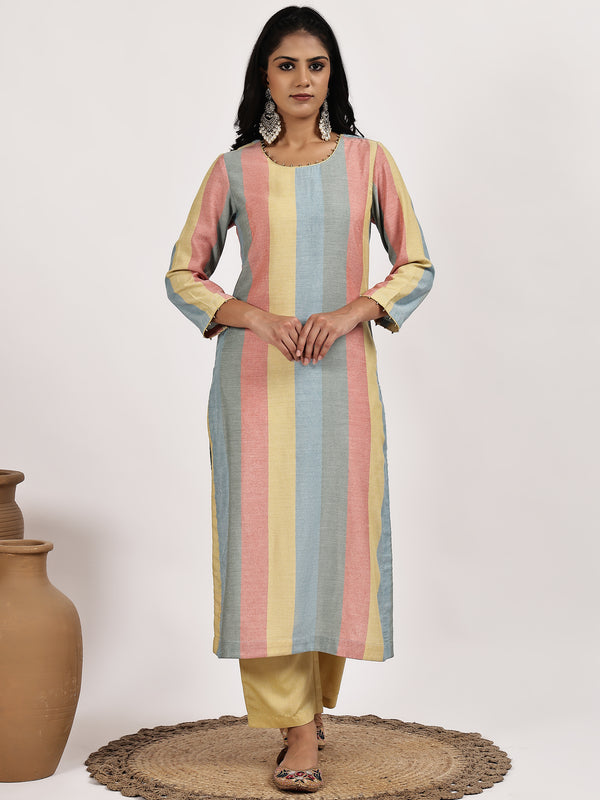 Pastel Stripped Kurta with Solid Pants