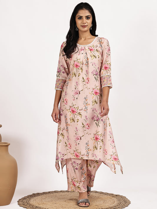 blush Pink Floral Asymmetric Kurta with pant