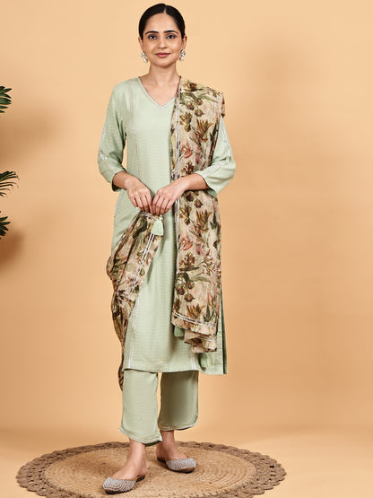 Mint Green Solid Kurta Set with Floral Printed Dupatta