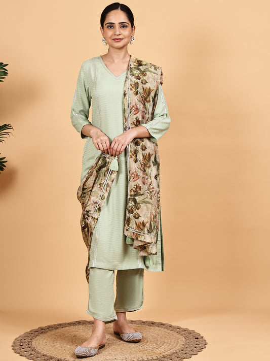 Mint Green Solid Kurta Set with Floral Printed Dupatta
