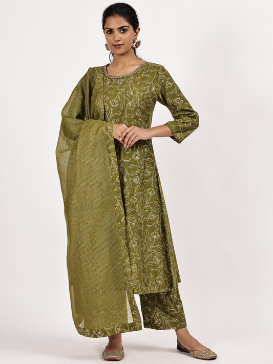 Printed Mehandi Green kurta set with dupatta