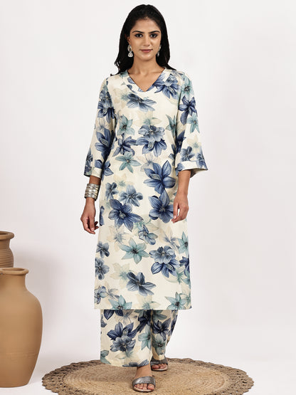 off white Blue Floral Print Kurta with palazzo