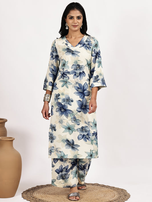 off white Blue Floral Print Kurta with palazzo