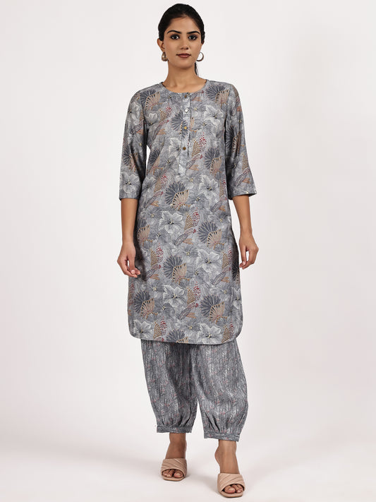 Grey Casual Printed Kurta with afghani salwar