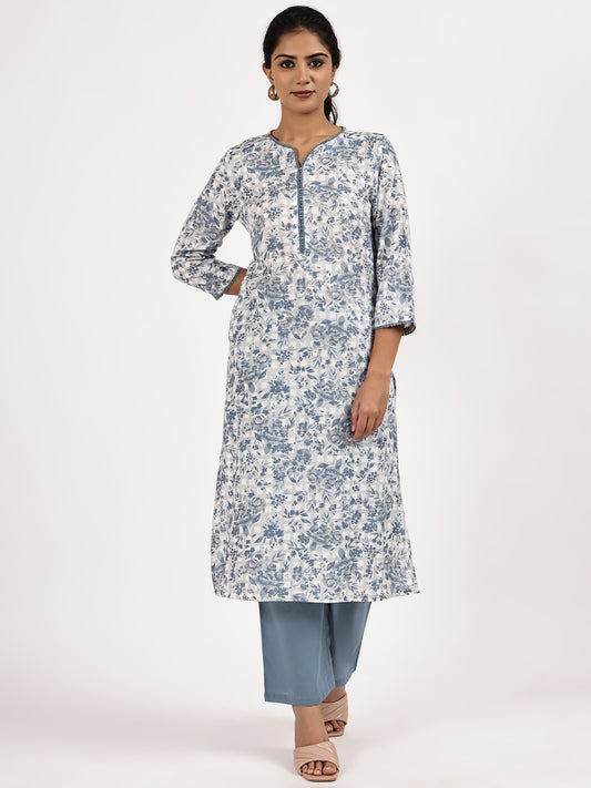 Blue & White Floral Printed Straight Kurta with Pants