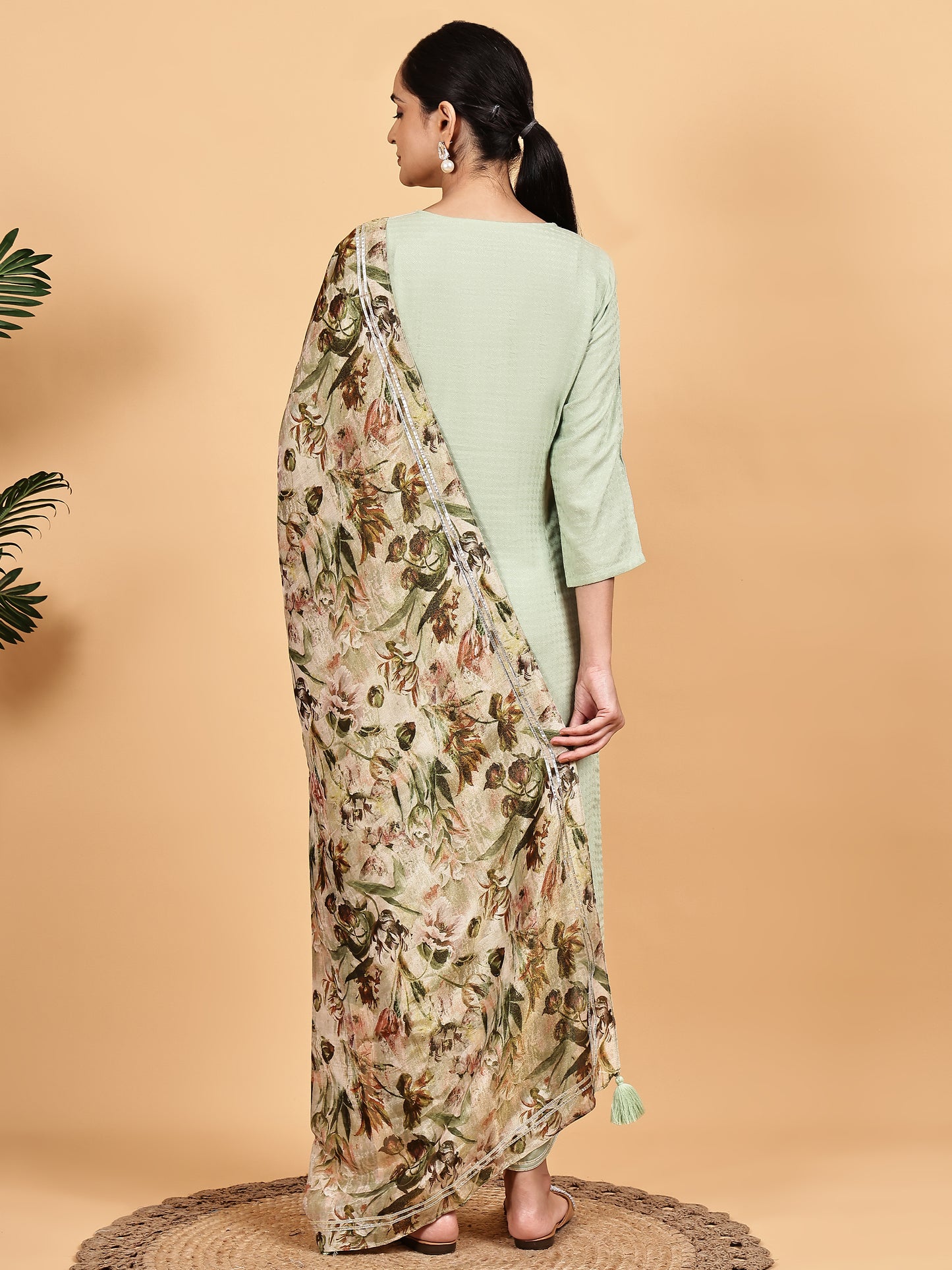 Mint Green Solid Kurta Set with Floral Printed Dupatta