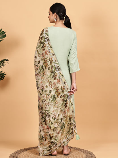 Mint Green Solid Kurta Set with Floral Printed Dupatta