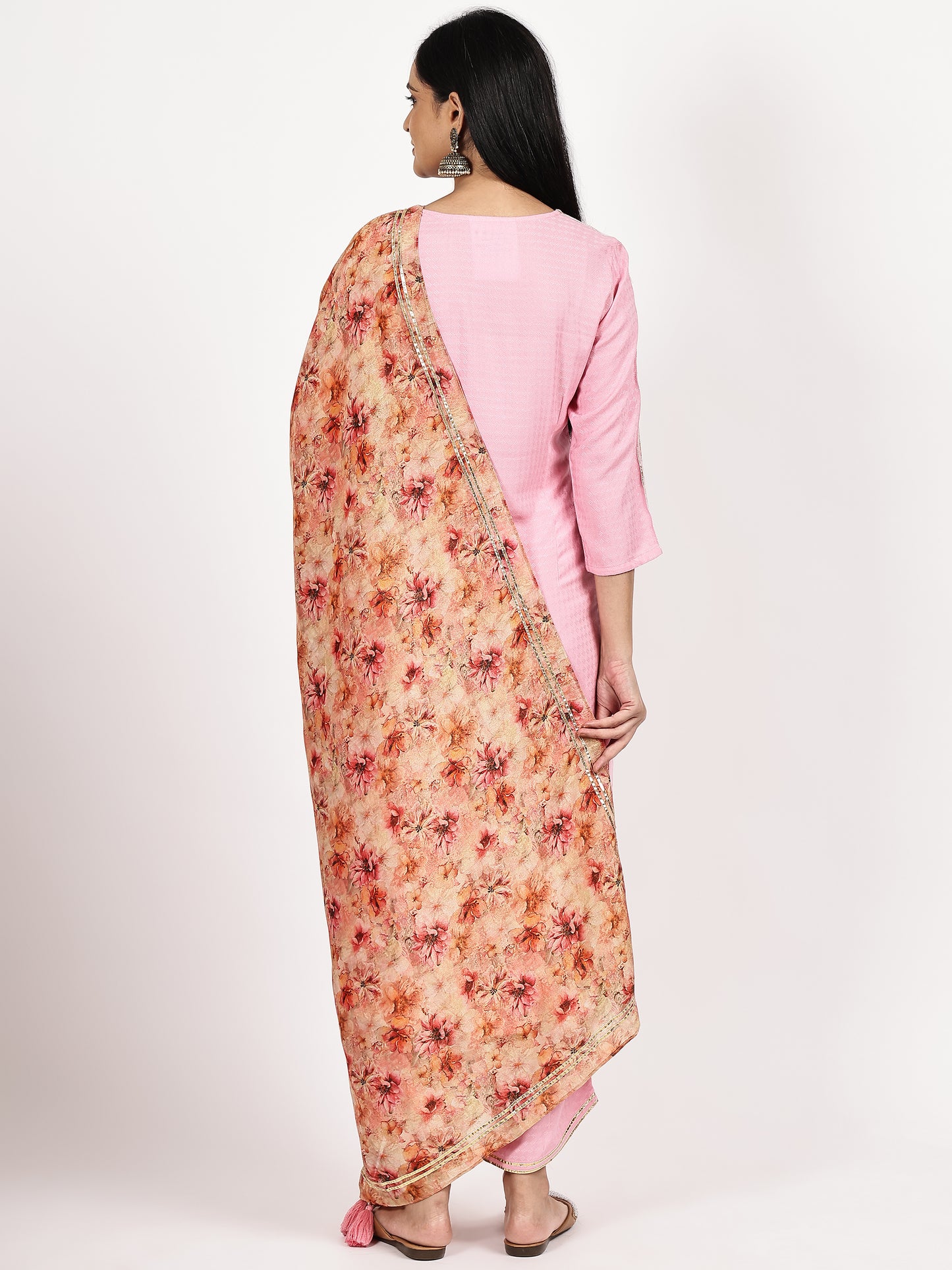 Pink Textured Kurta Set with Floral Dupatta