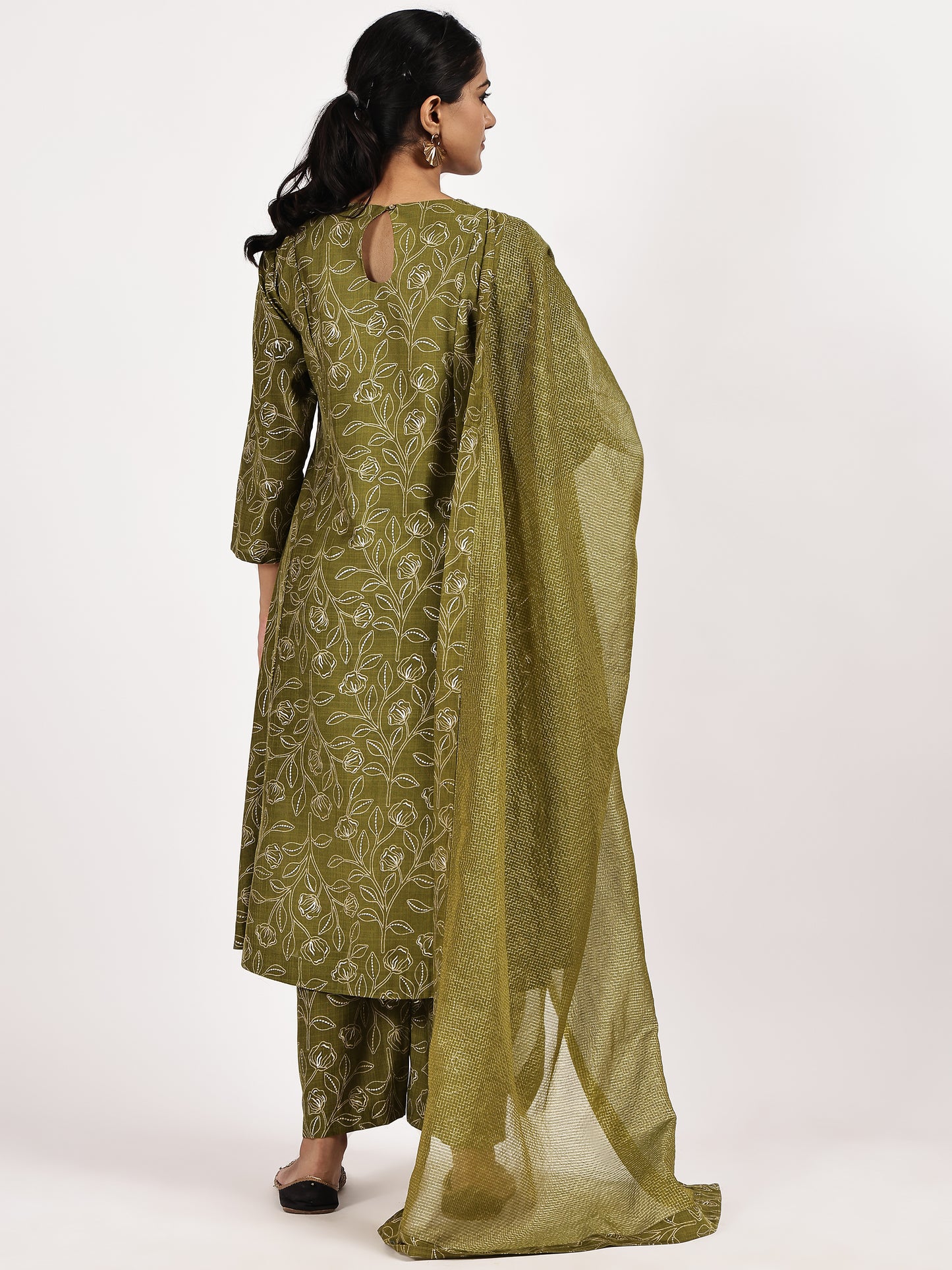 Printed Mehandi Green kurta set with dupatta