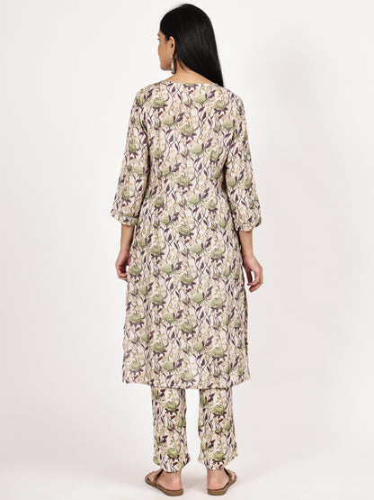 Grey Floral print Kurta with pant