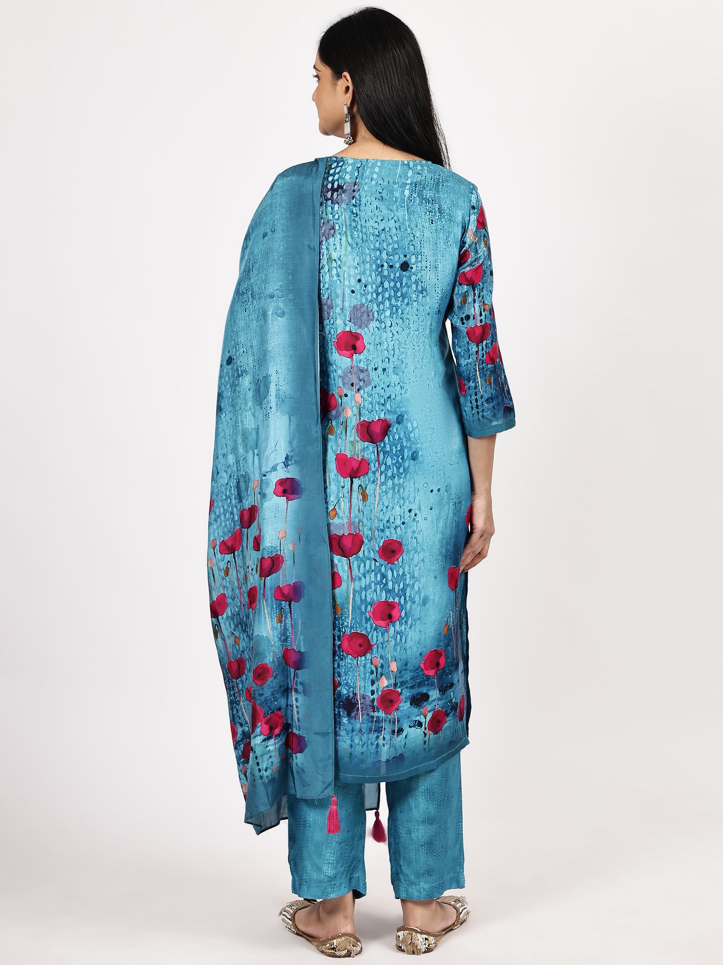 Turquoise Floral Printed Kurta Set with Dupatta