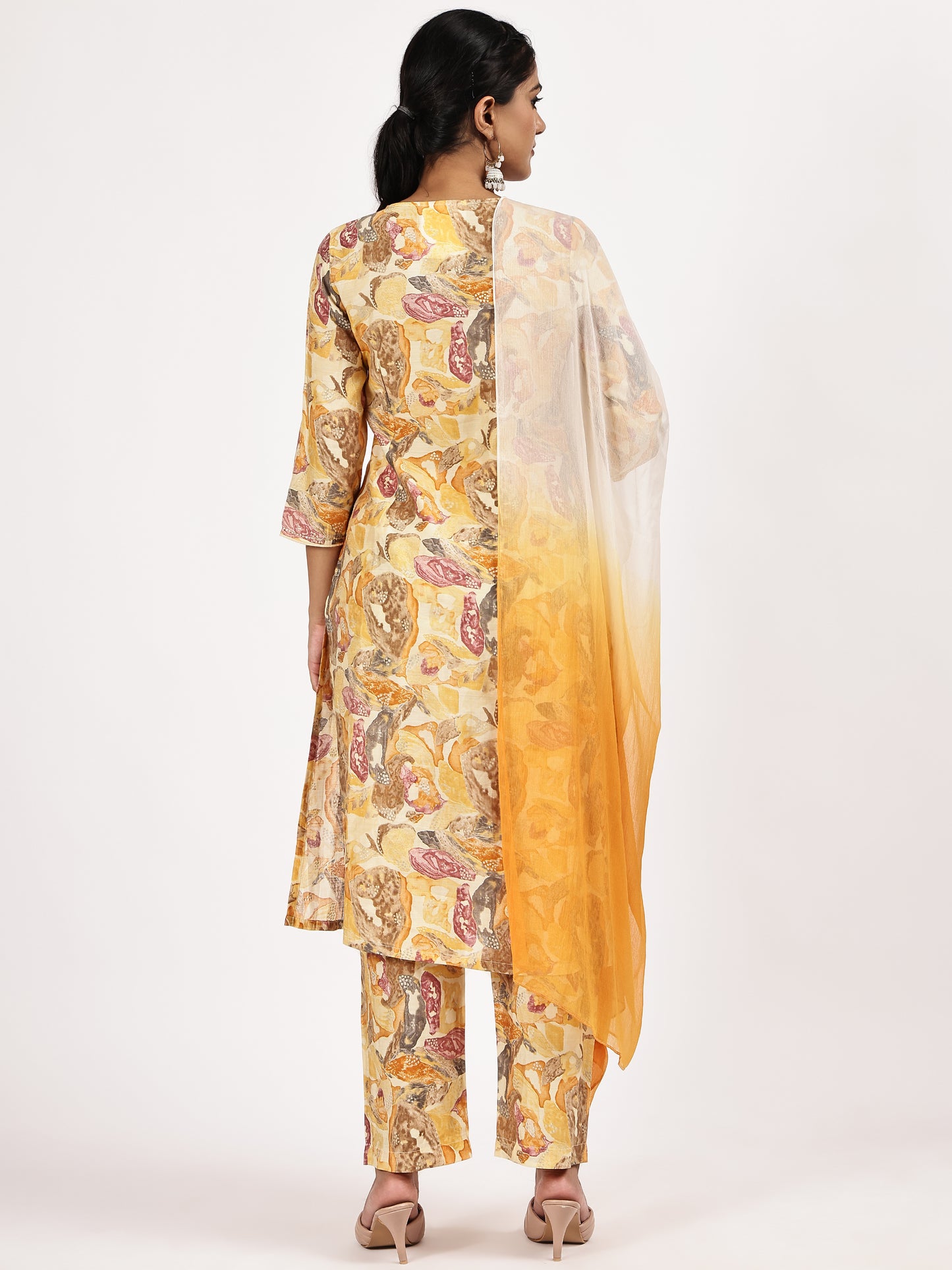 Yellow Floral Printed Kurta Set Ombre Dupatta