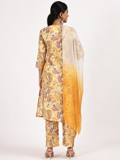 Yellow Floral Printed Kurta Set Ombre Dupatta