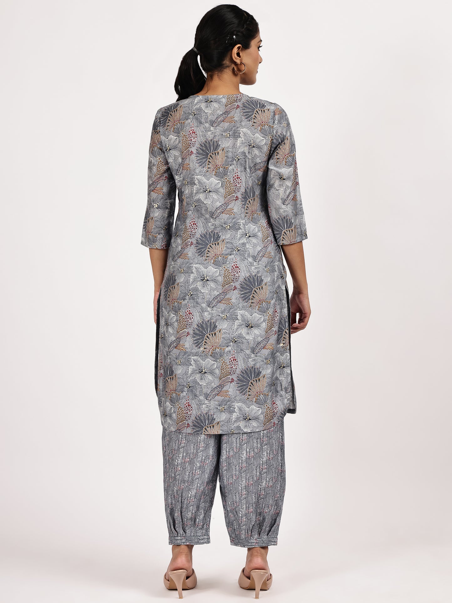 Grey Casual Printed Kurta with afghani salwar