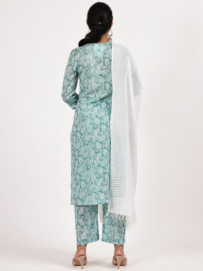 Aqua blue printed kurta set with White dupatta