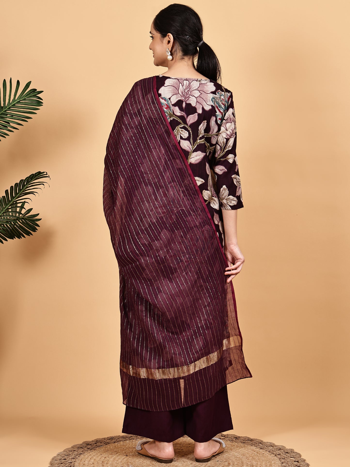 Maroon Floral Printed Kurta Set with Dupatta