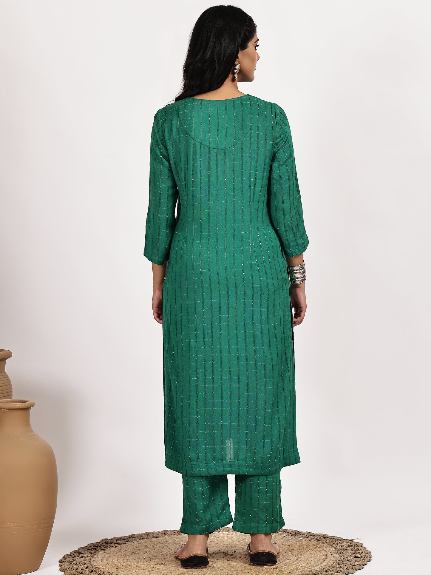 Emerald Green Self-Patterned Kurta with pant
