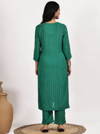Emerald Green Self-Patterned Kurta with pant
