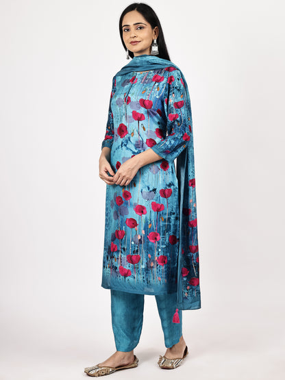 Turquoise Floral Printed Kurta Set with Dupatta
