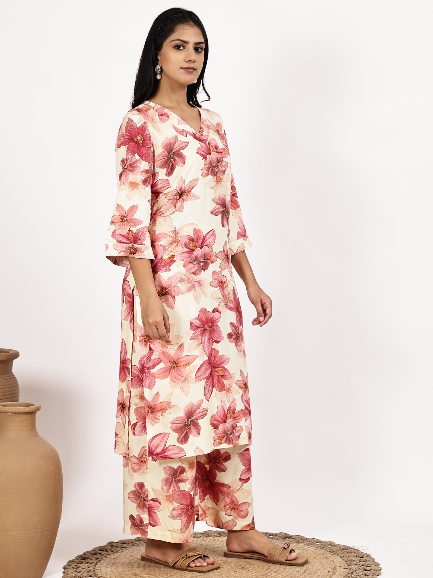 Cream Pink Floral Printed Kurta with Palazzo