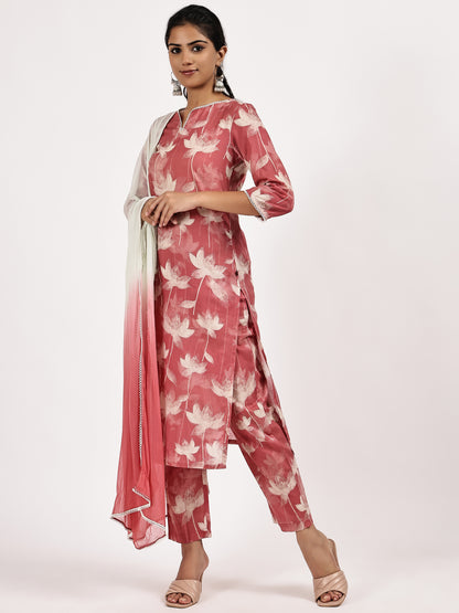 Pink Floral printed kurta set with Ombre dupatta