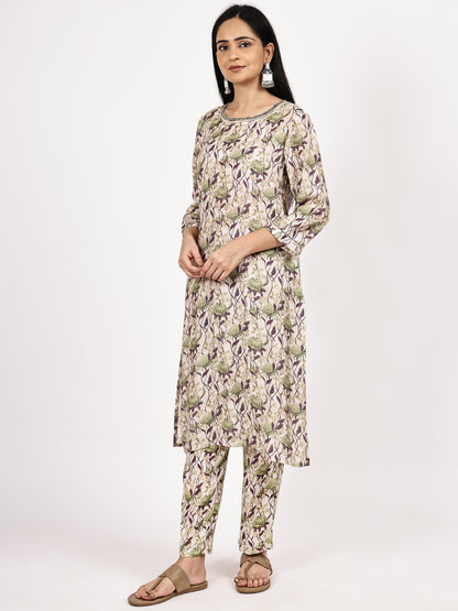 Grey Floral print Kurta with pant