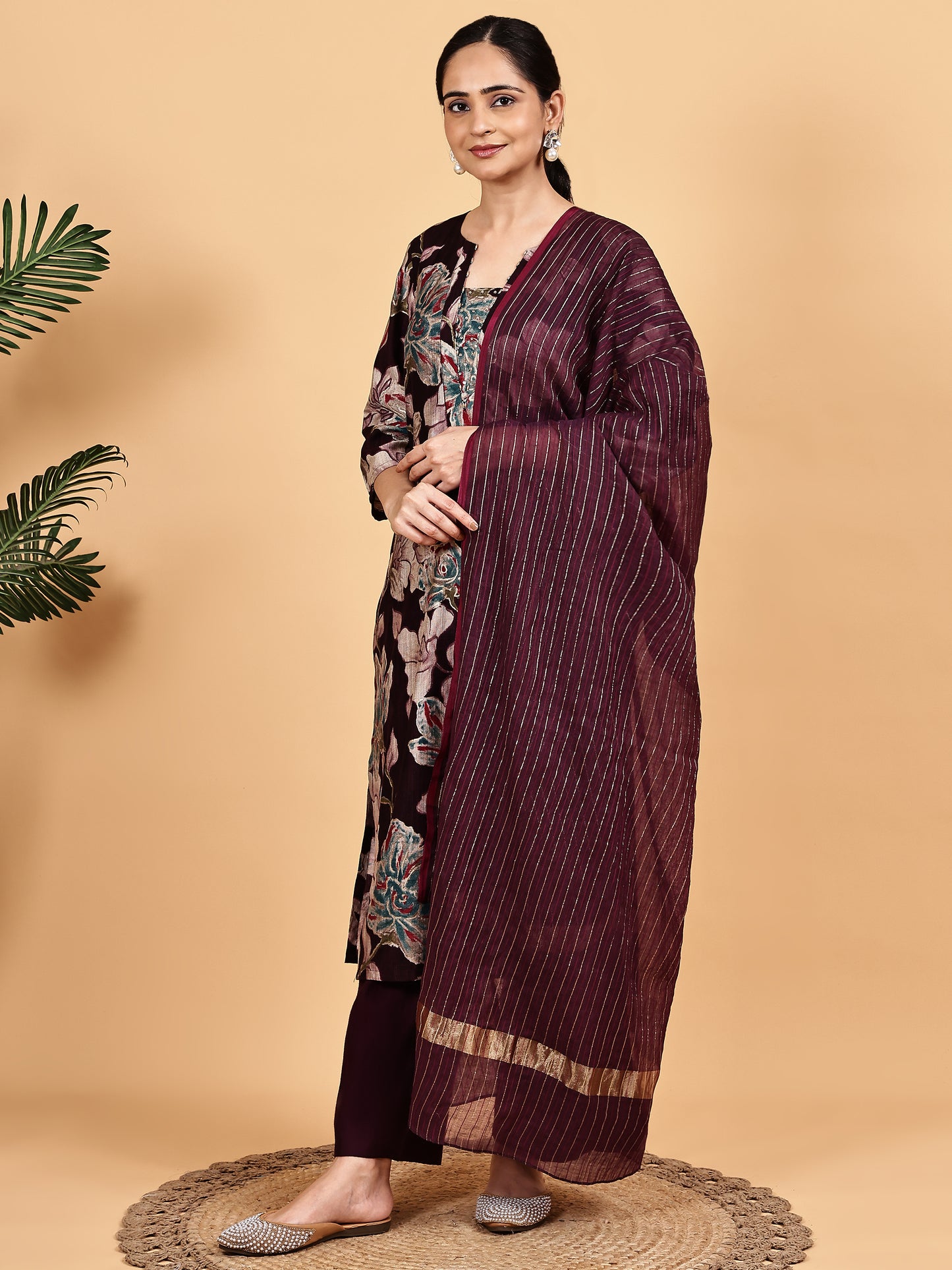 Maroon Floral Printed Kurta Set with Dupatta
