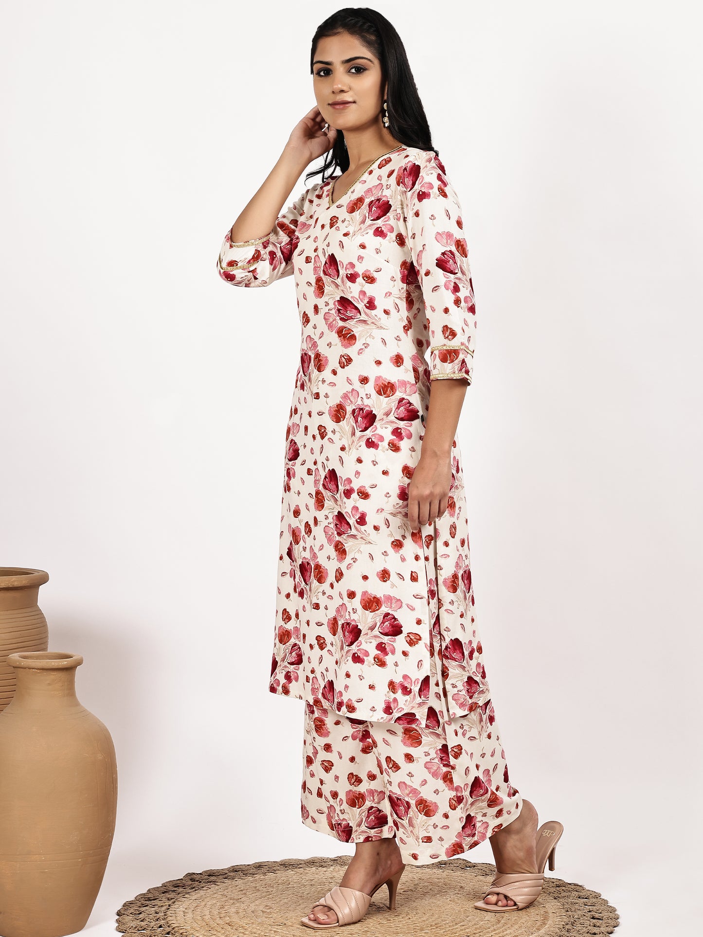 white Red Floral Print Kurta with Palazzo Set