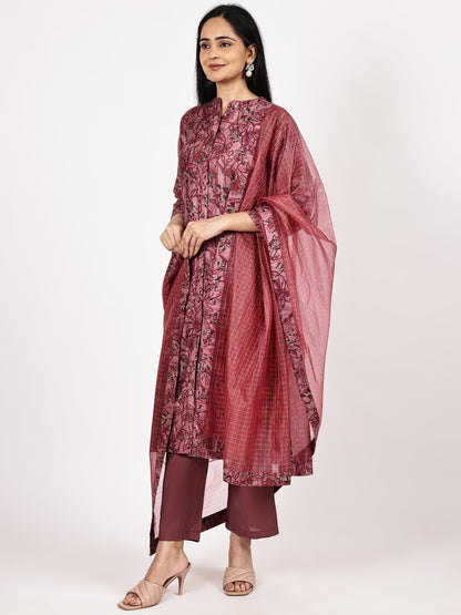 Maroon Printed Kurta Set with Chiffon Dupatta