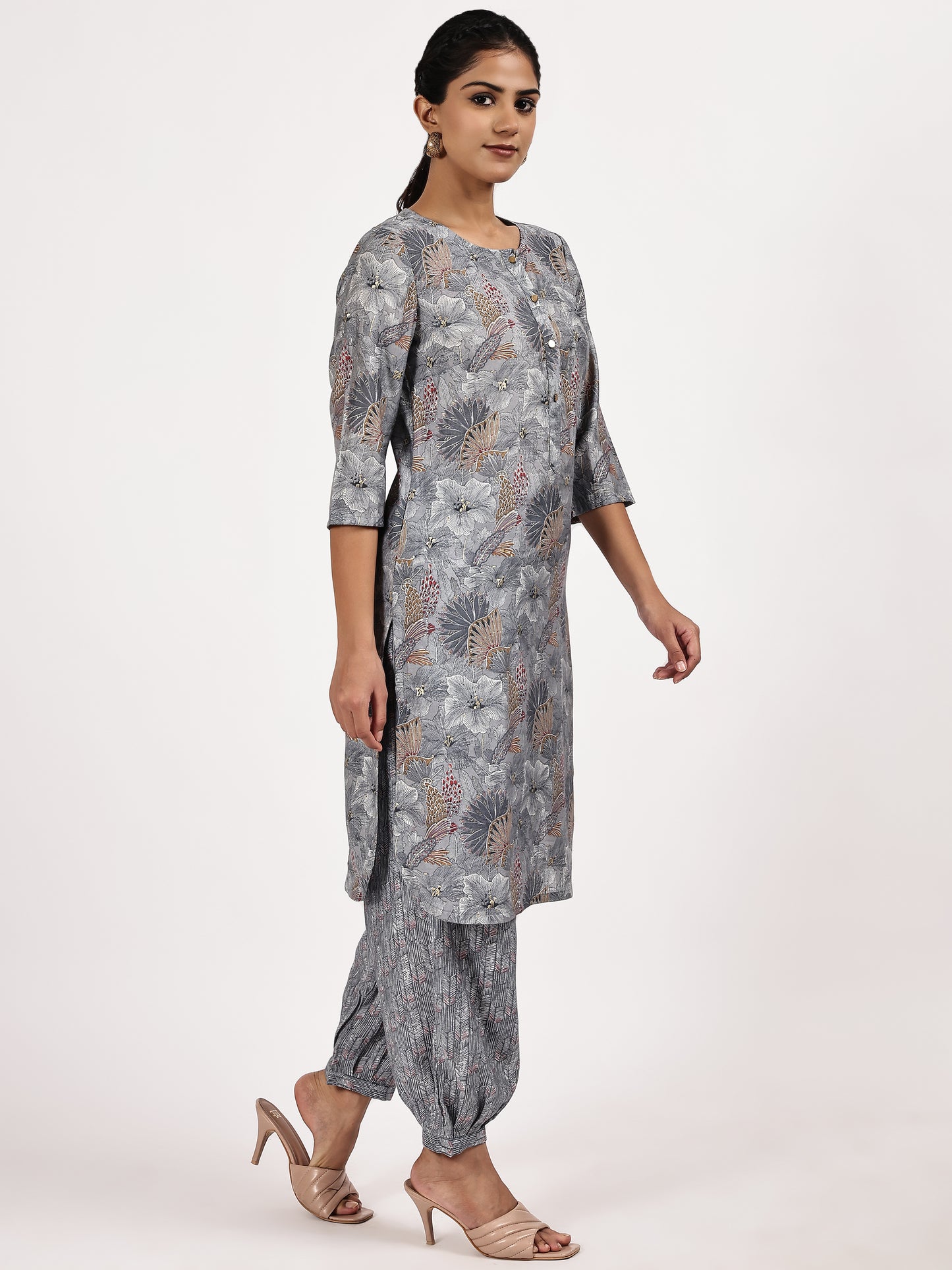 Grey Casual Printed Kurta with afghani salwar