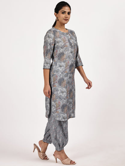 Grey Casual Printed Kurta with afghani salwar